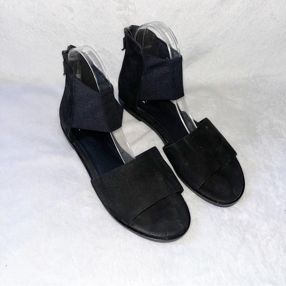 Eileen Fisher Sign Flats Sandals Tumbled Nubuck Leather Black Sz 8 Beach Summer